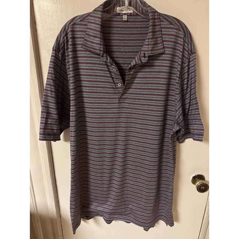 Peter Millar Men's Size XL Cotton 100% Polo Navy Gray And Pink Stripe 1/4 Button